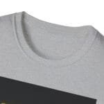 Light gray crew-neck T-shirt with a dark diagonal panel across the lower portion