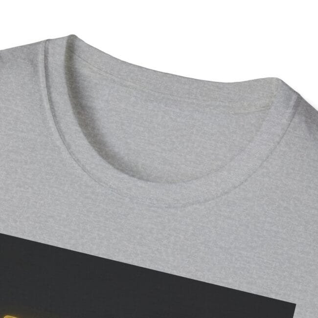 Light gray crew-neck T-shirt with a dark diagonal panel across the lower portion