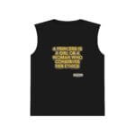 Black sleeveless shirt with neon-yellow quote: "A princess is a girl or a woman who conserves her ethics" and a small badge/design near the lower right edge of the print.