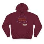 Maroon hooded sweatshirt with orange text 'FOCUS ON WHAT YOU ARE DOING' inside a blue decorative frame, chest area.