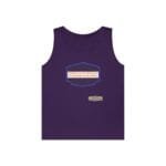 Purple tank top with a blue ornate badge in the center, orange slogan reads 'BREATHE IN THE FRESH AIR TO EMPOWER YOUR ENERGY,' plus a small designer tag nearby.