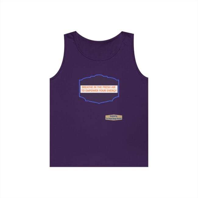 Purple tank top with a blue ornate badge in the center, orange slogan reads 'BREATHE IN THE FRESH AIR TO EMPOWER YOUR ENERGY,' plus a small designer tag nearby.
