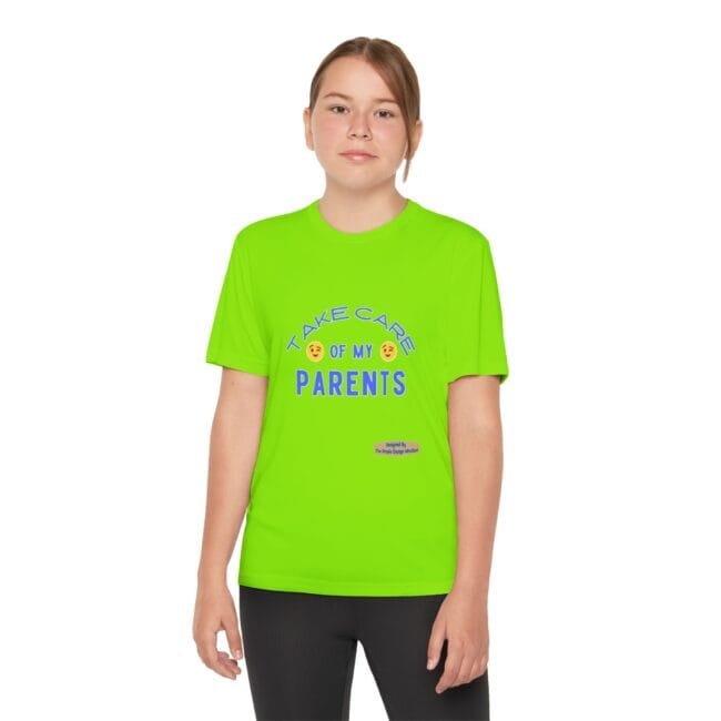 Young person wearing a bright lime green T-shirt with the blue text 'Take care of my parents' and accompanying emoji icons.