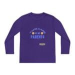 Purple long-sleeve shirt with the phrase 'Take Care of My Parents' flanked by emoji faces.