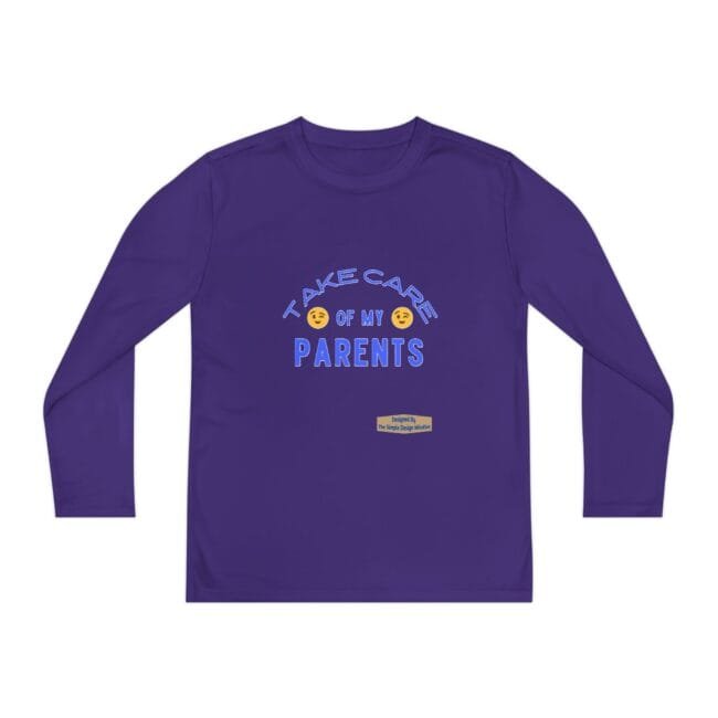 Purple long-sleeve shirt with the phrase 'Take Care of My Parents' flanked by emoji faces.