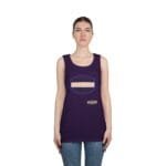 Model wearing a purple tank top featuring an orange slogan: "BREATHE IN THE FRESH AIR TO EMPOWER YOUR ENERGY" with a small label badge at the hem.