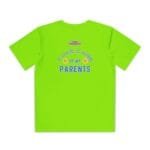 Lime-green T-shirt with a blue graphic reading 'Take care of my PARENTS' and two emoji faces between words.