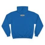 Back view of a blue hoodie with a small beige label at the upper center of the back near the collar.