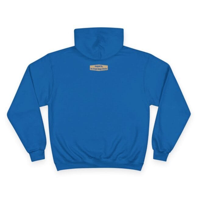 Back view of a blue hoodie with a small beige label at the upper center of the back near the collar.