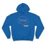 Blue hoodie featuring an orange 'FOCUS ON WHAT YOU ARE DOING' slogan inside a lavender decorative badge, with a small designer label beneath.