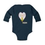 Navy baby onesie with a heart-shaped graphic reading 'Let me sleep and do not disturb me, please' and a small sun over green hills.