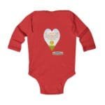 Red baby onesie with a blue heart graphic on the back featuring the message: 'Let me sleep and do not disturb me, please' and a small sun icon above a green hill; includes a small label reading 'Designed By The Simple Design MindSet' beneath the heart.