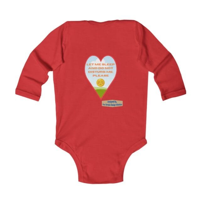 Red baby onesie with a blue heart graphic on the back featuring the message: 'Let me sleep and do not disturb me, please' and a small sun icon above a green hill; includes a small label reading 'Designed By The Simple Design MindSet' beneath the heart.