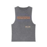 Grey sleeveless tank top with an orange slogan reading 'BREATHE IN THE FRESH AIR TO EMPOWER YOUR ENERGY' inside a blue decorative frame, plus a small designer label patch.