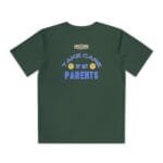 Dark green T-shirt with blue text: 'Take care of my parents' and two smiley emojis. Small label at the top edge.