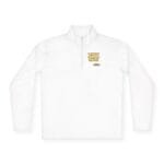 White long-sleeve pullover with a short zip neck and a small yellow text graphic on the left chest.