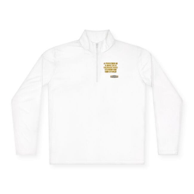 White long-sleeve pullover with a short zip neck and a small yellow text graphic on the left chest.