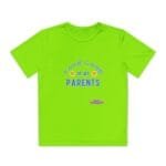 Bright lime green T-shirt with blue text: 'TAKE CARE OF MY PARENTS' and two winking emoji faces; small designer label near bottom hem.