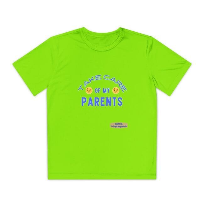 Bright lime green T-shirt with blue text: 'TAKE CARE OF MY PARENTS' and two winking emoji faces; small designer label near bottom hem.