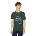 Young man wearing a dark green T-shirt with a blue graphic that reads 'Take care of my parents' on a white background.