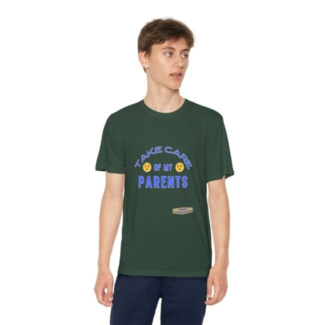 Young man wearing a dark green T-shirt with a blue graphic that reads 'Take care of my parents' on a white background.