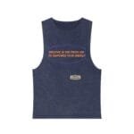 Navy sleeveless tank top featuring an orange slogan 'BREATHE IN THE FRESH AIR TO EMPOWER YOUR ENERGY' inside a blue decorative frame, plus a small beige brand label on the front center.