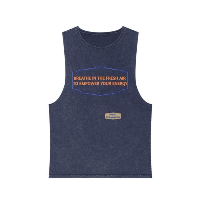 Navy sleeveless tank top featuring an orange slogan 'BREATHE IN THE FRESH AIR TO EMPOWER YOUR ENERGY' inside a blue decorative frame, plus a small beige brand label on the front center.