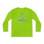 Bright lime green long-sleeve shirt with a blue graphic reading “Take care of my parents” and two smiling face emojis, centered on the back.