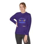 Person wearing a purple long-sleeve shirt with the text 'Take care of my parents' and emoji graphics on the chest.