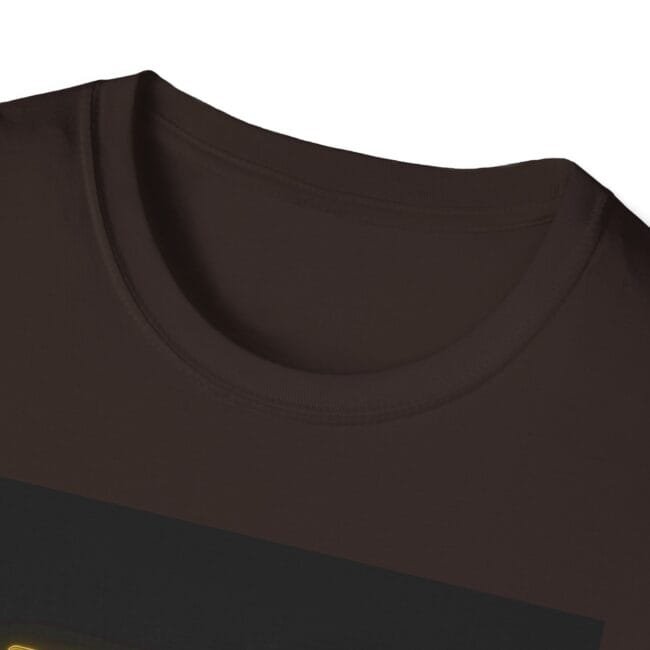 Close-up of a brown crew-neck T-shirt with a dark diagonal stripe across the chest.