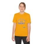 Girl wearing an orange T-shirt with the blue text 'Take care of my parents' and a calm expression.