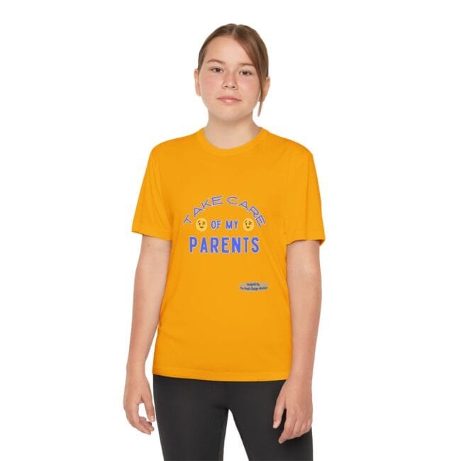 Girl wearing an orange T-shirt with the blue text 'Take care of my parents' and a calm expression.