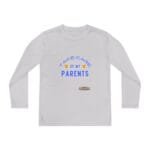 Light gray long-sleeve shirt with blue text: 'Take care of my parents' and smiley emojis in a curved arc at the chest center