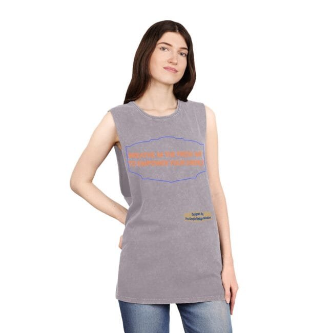 Woman wearing a gray sleeveless T-shirt with an orange slogan about breathing fresh air to empower energy.