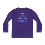 Purple long-sleeve shirt with blue text reading 'Take Care of My Parents' and two smiling emoji faces on the back, plus a small label near the collar.