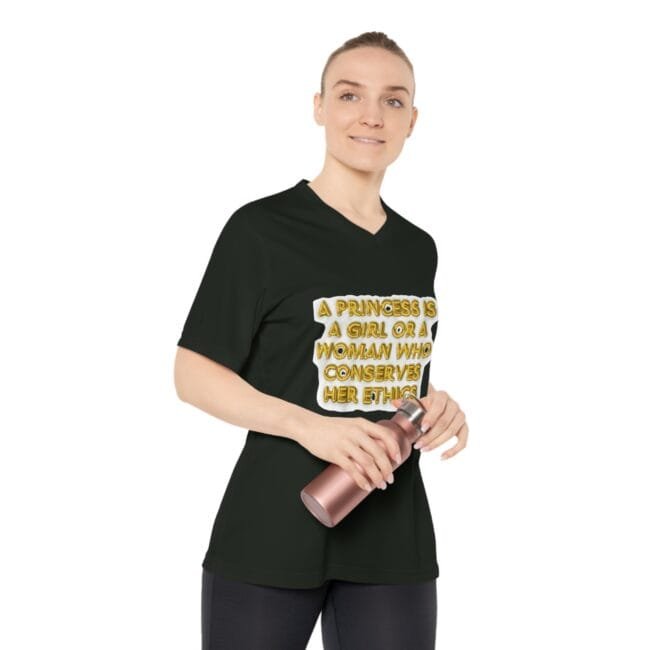Woman in a black V-neck tee with a gold-letter slogan, holding a pink water bottle against a white background.