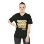 Woman wearing a black T-shirt with a gold-styled quote: “A princess is a girl or a woman who conserves her ethics.”