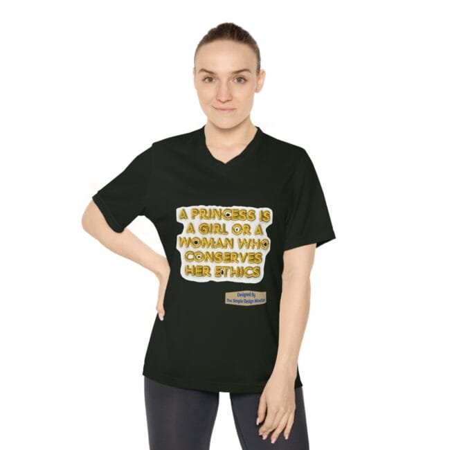 Woman wearing a black T-shirt with a gold-styled quote: โA princess is a girl or a woman who conserves her ethics.โ