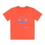 Bright orange T-shirt with blue text reading 'Take care of my parents' and small emoji faces between words.