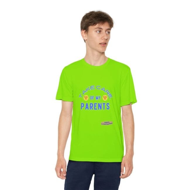 Man wearing a bright lime green T-shirt with the text 'TAKE CARE OF MY PARENTS' and emojis, standing in a neutral pose.