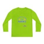 Lime green long-sleeve shirt with blue slogan 'Take care of my parents' and emoji accents, plus a small label at the bottom