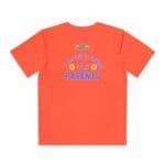 Orange T-shirt with the phrase “Take Care of My Parents” in blue letters, plus smiling emoji icons between the words.