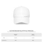 White low-profile baseball cap with a dashed circumference line labeled Circumference and a size chart below it on the page.