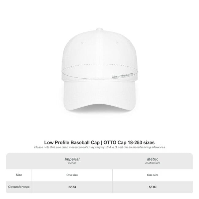 White low-profile baseball cap with a dashed circumference line labeled Circumference and a size chart below it on the page.