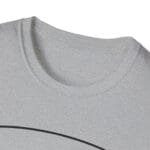 Close-up of a light gray, heathered T-shirt neckline with a curved black graphic line across the fabric.