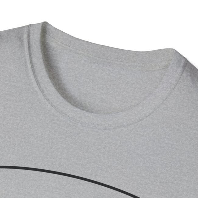Close-up of a light gray, heathered T-shirt neckline with a curved black graphic line across the fabric.