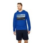 Blue hoodie with a graphic that says 'Walk For Your Health' over a desert highway scene on the chest area.