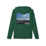 Green hoodie with a back print reading 'Walk For Your Health' over a highway landscape under a blue sky with mountains.