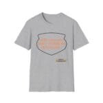 Gray T-shirt featuring an orange slogan inside a black shield: 'KEEP CALM AND DON'T DISTURB MY HEAD PLEASE!'