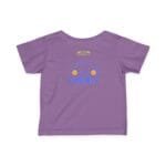 Purple children's T‑shirt with blue curved text reading 'TAKE CARE OF MY PARENTS' and a small yellow label on the back. two yellow emoji faces appear between the words.
